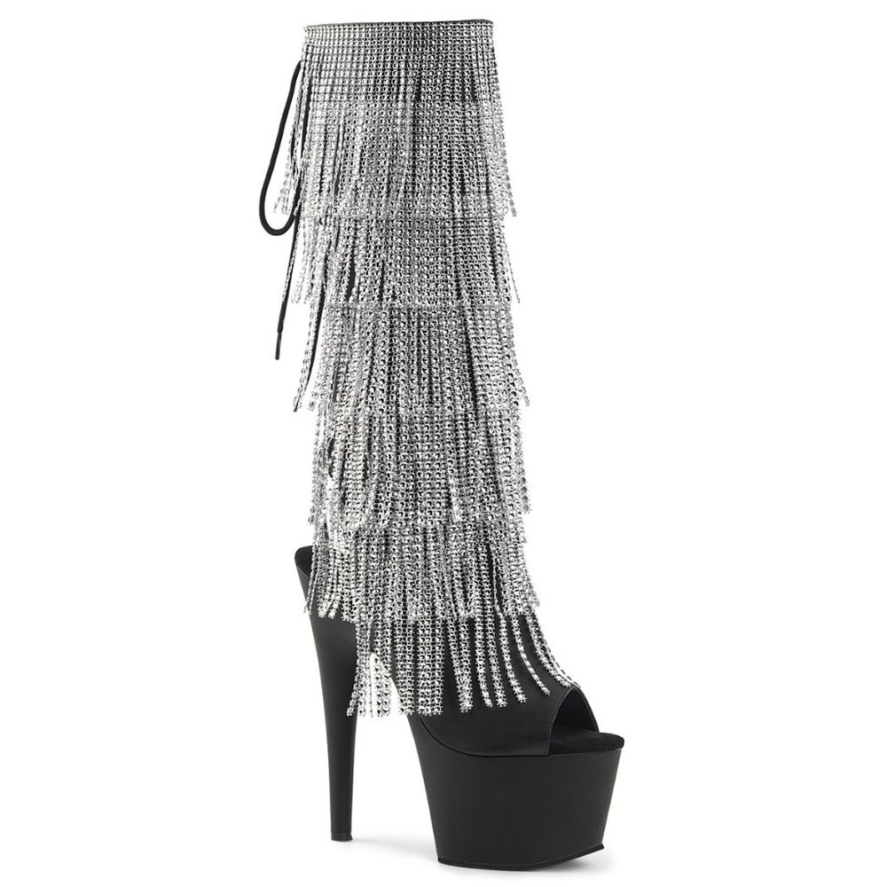 Pleaser Adore 2024RSF Black and Silver Fringe Knee High Boots